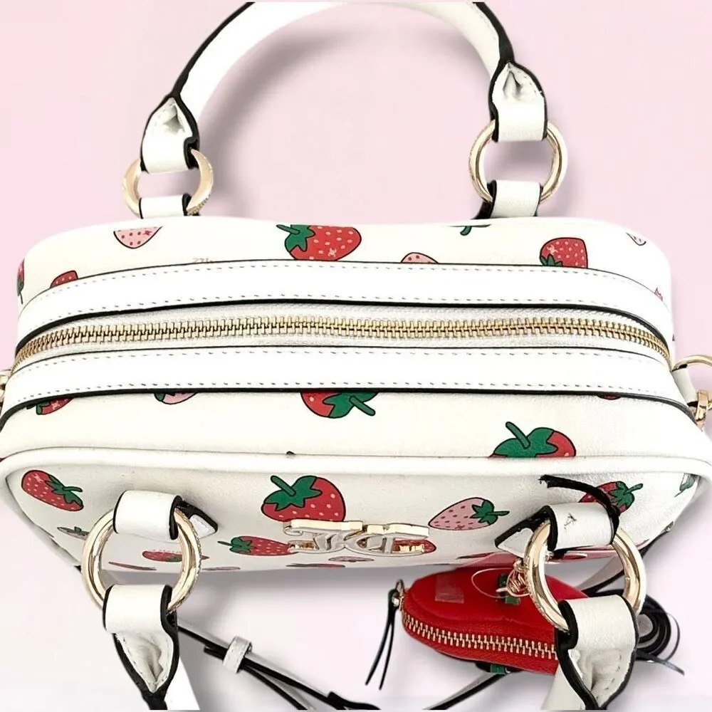Juicy Couture White Sweet n Juicy LARGE Bowler Bag Satchel Strawberry Coin Purse